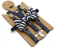 Kids Children Boy Formal Party wedding Navy Pants Brace Suspender bowtie set 1-8