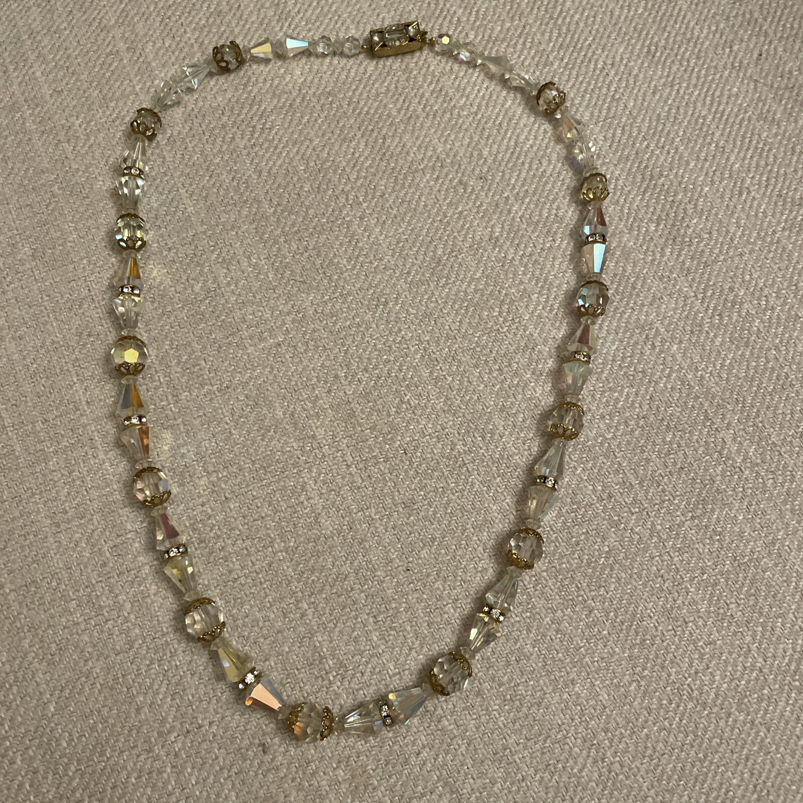 Vintage Beveled Faceted Clear Aurora Borealis Crystal Beaded Necklace Estate