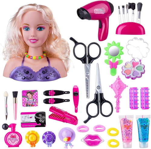 Makeup and Hair Styling Doll Head Toy Kit - 35Pieces Kids Pretend Play Set with