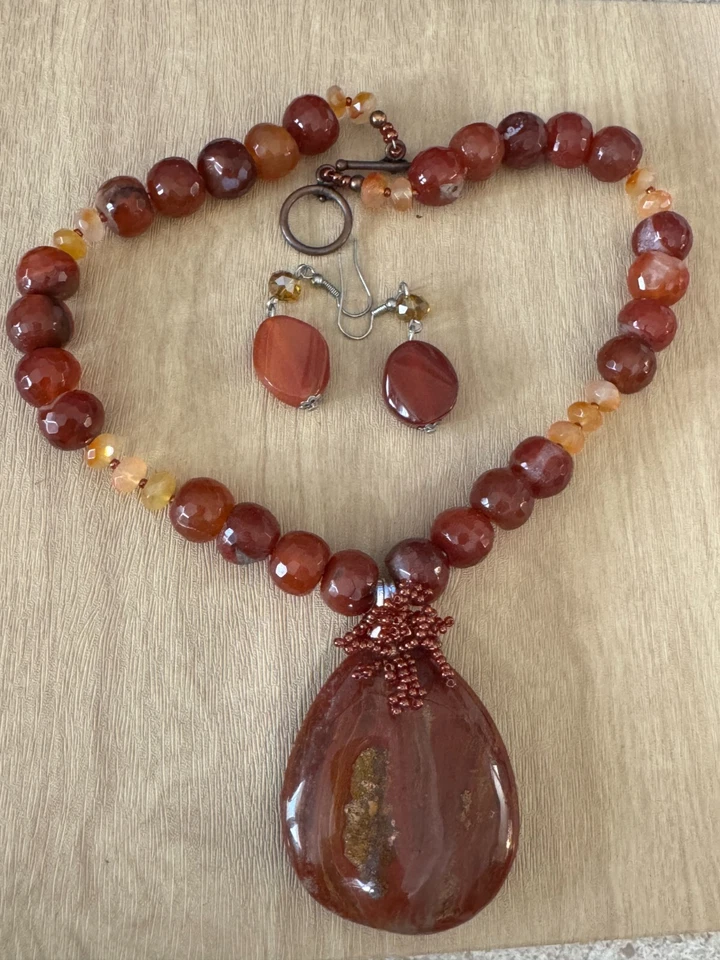 华丽 Carnelian 吊坠 Carnlian 和 Orca 玛瑙链项链 带耳环 — 第 2/4 张图片