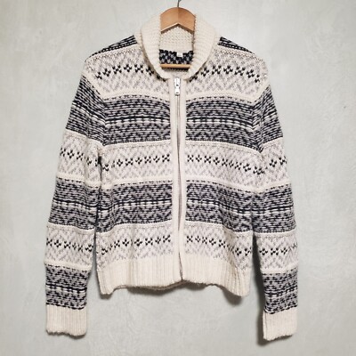 Gap Designed & Crafted White Black Gray Wool Blend Knit Full Zip Sweater Size L