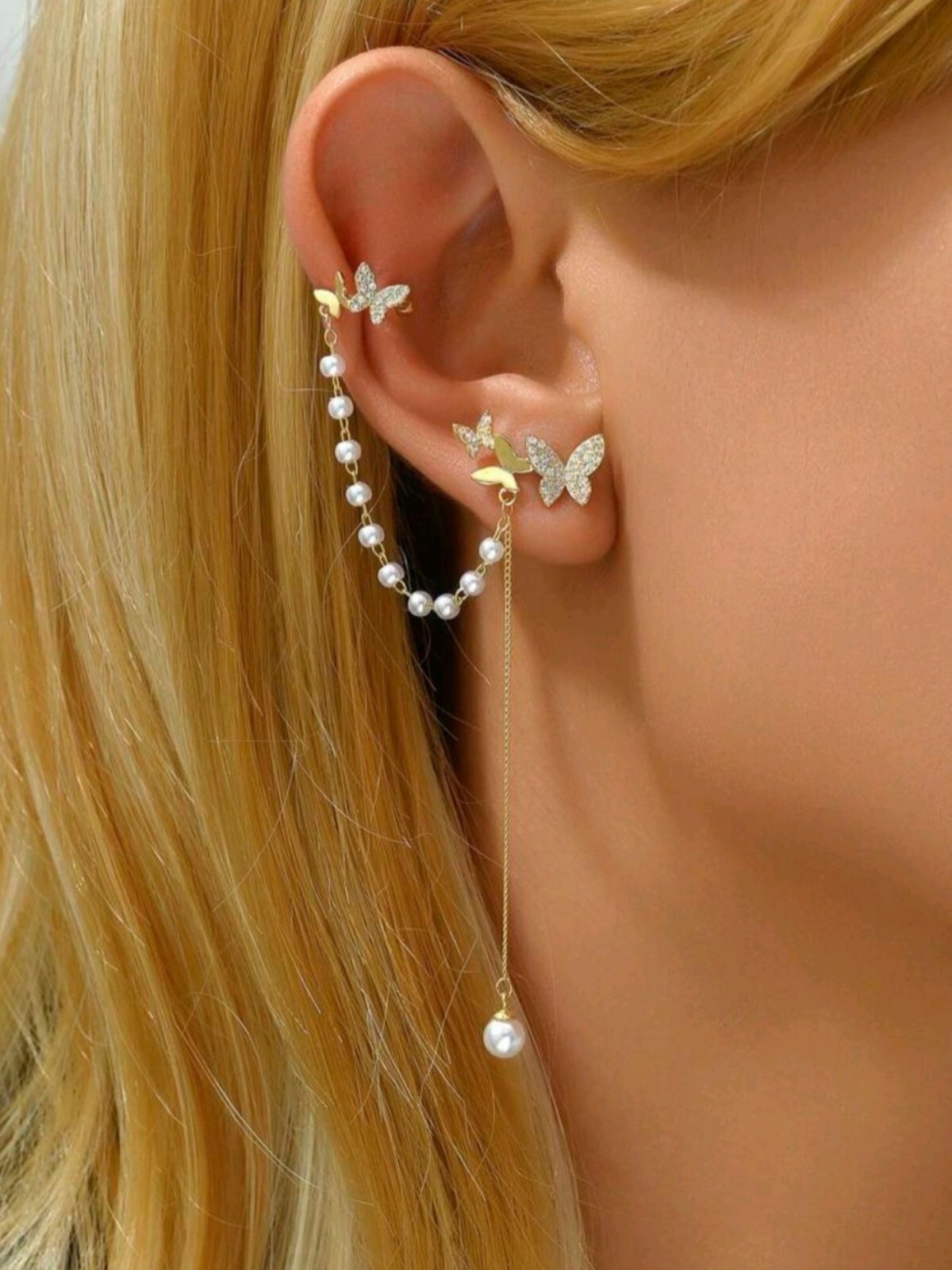 18k Gold Butterfly Pearl Ear Cuff Stud Minimalist Birthday Jewelry Gift