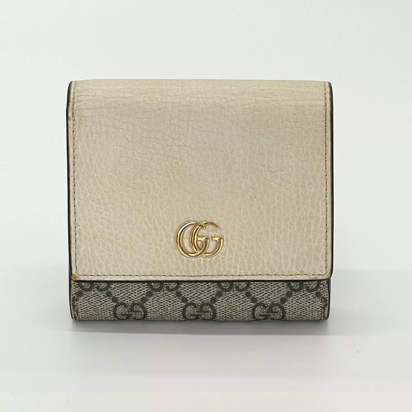 Portefeuille double pli GUCCI GG Marmont GG Supreme cuir blanc authentique