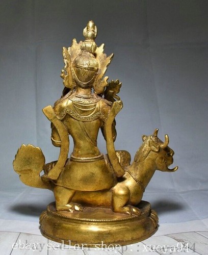 9.4" Chinese Bronze Gilt Sit Beast Kwan-yin Guan Yin Goddess Boddhisattva Statue - Picture 8 of 9
