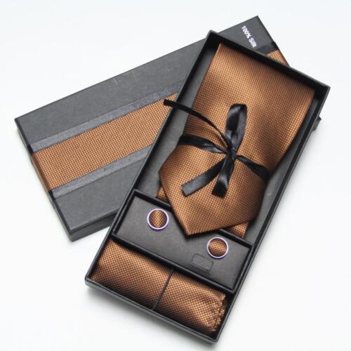 Business Gentleman Brown Silk Tie Hanky cufflink Set with Box Best Gift for Him  - Picture 1 of 2