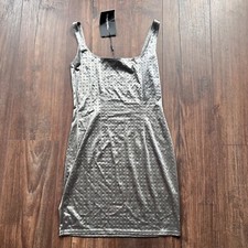Silver square neckline rhinestone mini dress.