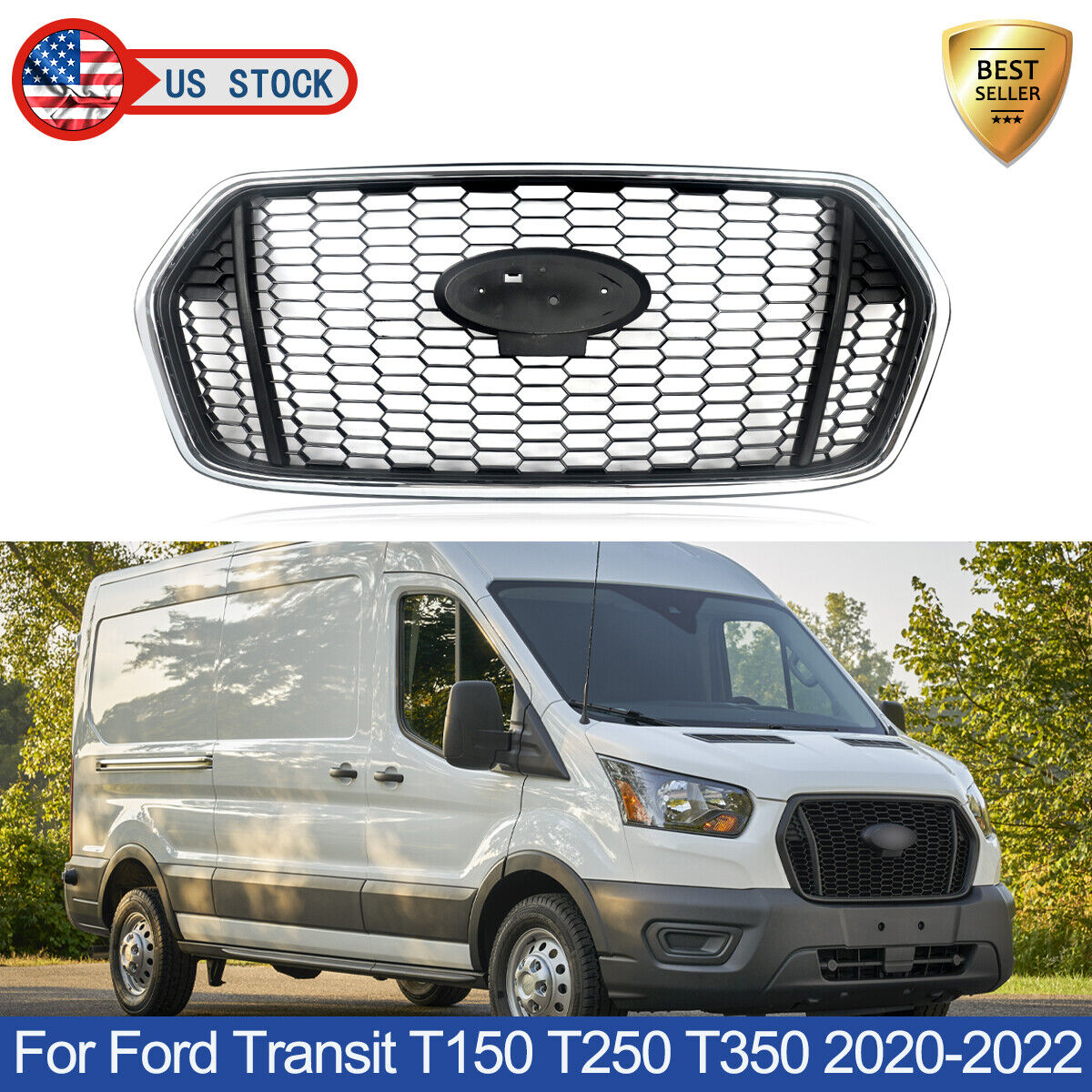 Honeycomb Upper Grille Chrome Surround For 2020-2022 Ford Transit T150 T250 T350