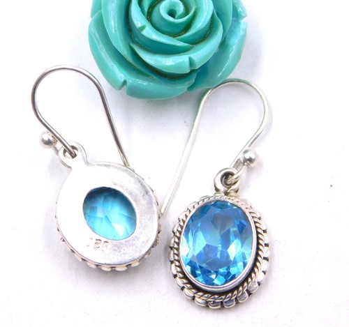 925 Sterling Silver Created Blue Topaz & Turquoise Stone Earring Woman's Gift - Picture 6 of 8