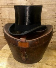 Antique Black Fur Felt Top Hat 6 7/8 / 56cm By Patey London & Leather Hat Case