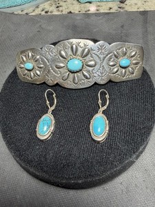 Vintage Sterling Silver Turquoise Hair Barrette France + 925 Earrings