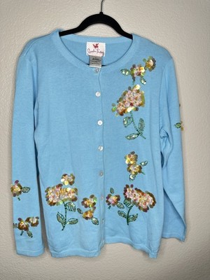 Quacker Factory Sweater Womens Medium Floral Cardigan Beaded Flowers Blue Sequin