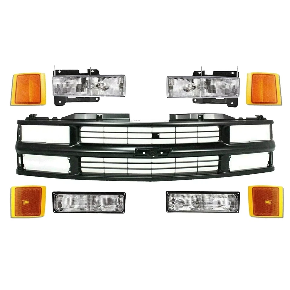 Fits 1994-2000 Chevrolet C/K-Series Front Black Grille And Headlights Kits 9PC - Image 2 of 4