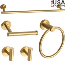 Brushed Gold Towel Bar Set Bathroom Accessories Holder Ring Robe Hooks Steel New