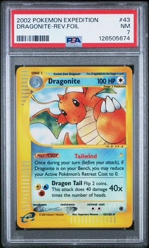 2002 POKEMON EXPEDITION #43 DRAGONITE-REVERSE FOIL PSA 7