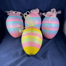 Set Of 4 Glittered Foam Easter Egg Decorations With Pastel Stripes Ribbon Ties