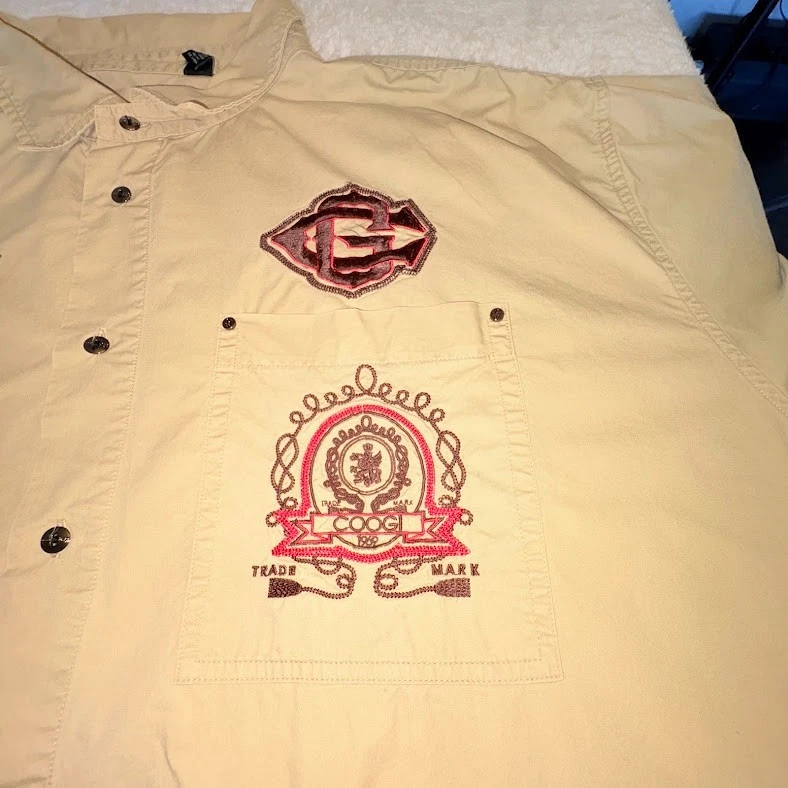 Coogi Shirt Men 5XL Khaki Logo Embroidered Button-Up Vented Y2K Streetwear*flaw - Image 3 of 4