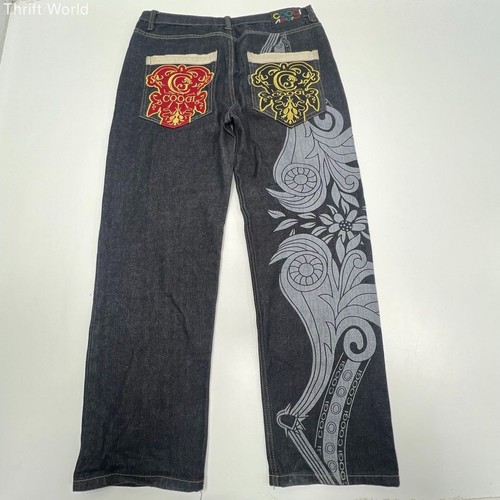 Coogi Dark Wash Printed Embroidery Baggy Jeans Streetwear Men's W38