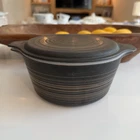 Vintage Pyrex Terra Glass Casserole Circles Pattern Black Brown with Lid 1.5 Qt.