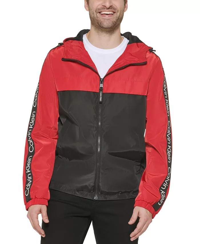 Calvin Klein Mens Logo Taped Sleeves Hooded Windbreaker Jacket - Deep Red-Large 11390₽