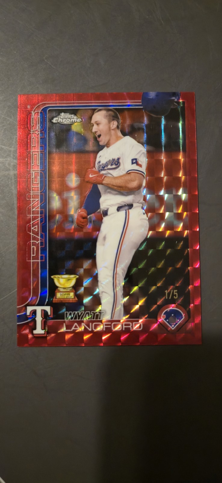 2025 Topps Chrome Wyatt Langford #68 Red Geometric Refractor /5 Texas Rangers