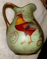 Vintage 10” Hand Painted METAL Rooster Pitcher 7” Tall