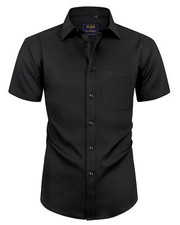 Mens Short Sleeve Dress Shirts Wrinkle Free Solid Casual Button Down Shirts w...