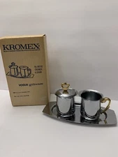 MCM Kromex Metal Sugar Creamer Set Chrome & Brass With Tray New In Box VTG