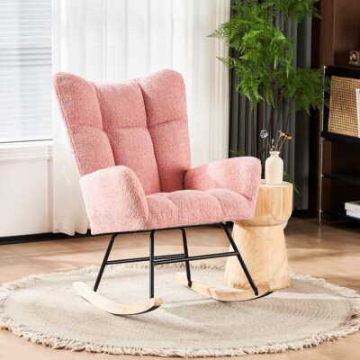 Nursery Rocking Chair Teddy Fabric Upholstered Glider Rocker