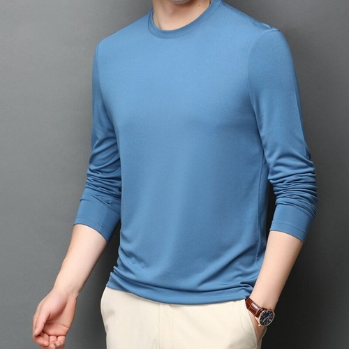 Spring Mens Casual Round Neck Solid Color Silk Long Sleeved T-Shirt Top - Picture 17 of 31