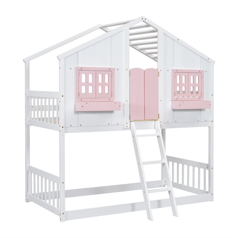 Twin over Twin House Bunk Bed with Roof,Window,Storage Box,Door for Kids Gifts