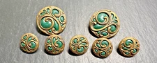 7 FABULOUS ANTIQUE? ROUND GOLDEN METAL WITH GREEN INSERTS SHANK BUTTONS  G707