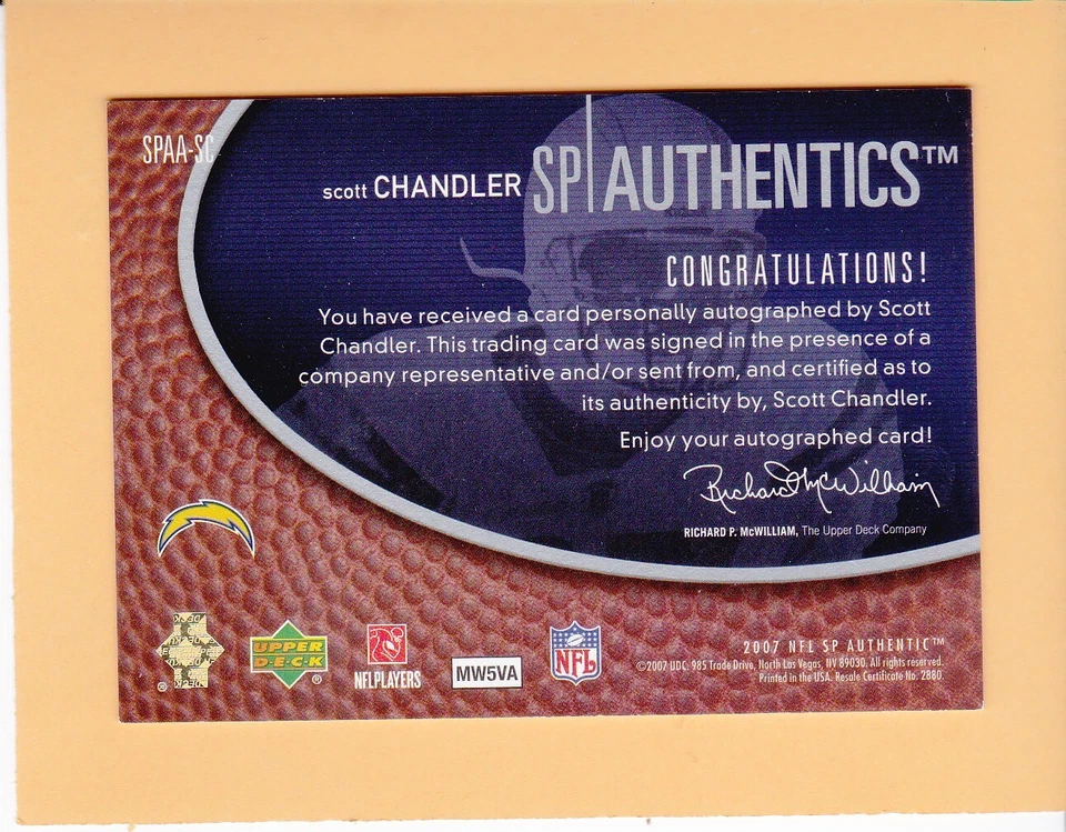 SCOTT CHANDLER 2007 SP AUTHENTIC AUTOGRAPH #SPAA-SC LOS ANGELES CHARGERS  A1 - Image 2 of 2