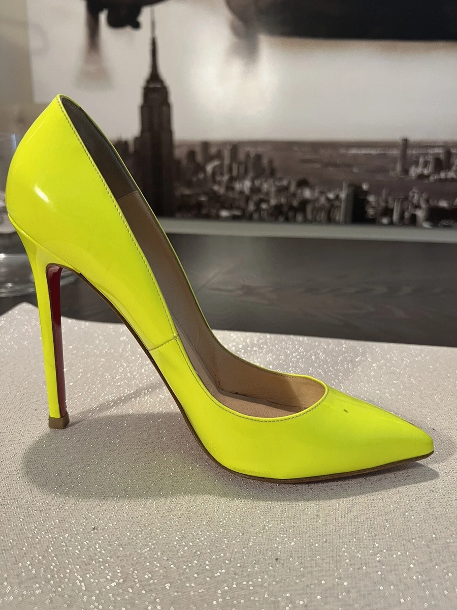 Surkova Neon Yellow PVC Crystal High Heel Shoes Slingback Buckle Strap  Pointed Toe Rhinestone Dress Pumps 12cm Hologram Heels - AliExpress