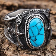 Vintage Indian Tribal Eagle Turquoise Ring Stainless Steel Cool Biker Punk Ring
