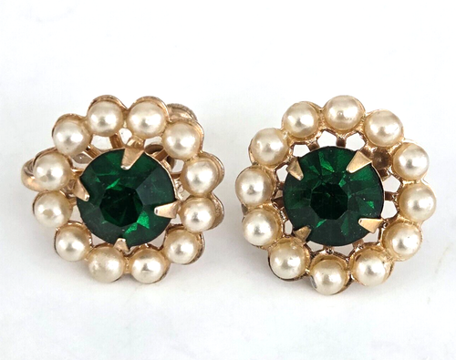Vtg Green Rhinestone Faux Pearl Small Round Gold Tone Screwback Earrings 11/16" - Picture 3 of 5