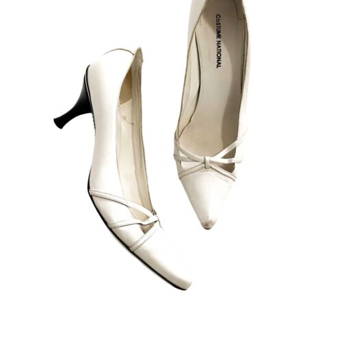 Costume National White Leather Kitten Heel Poined Toe Pumps Size 38.5EU