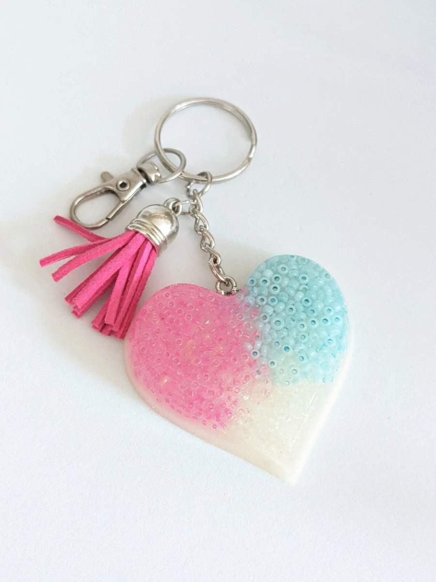 Handmade Large Pink Blue Heart Shaped Epoxy Resin Keyring