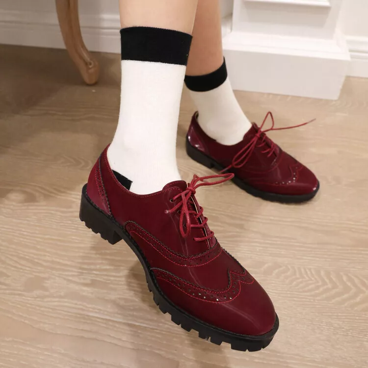 Ladies Lace Up Women Spring Pumps Brogues Shoes Low Block Heels Wingtip Oxfords