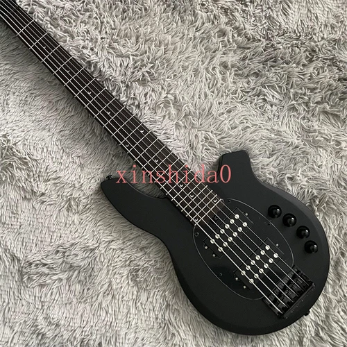 Custom Matt Black Electric Bass Guitar 6 String H-H Pickups Crescent Moon Inlay