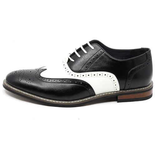 Zapatos de vestir Oxford con cordones y punta de ala perforada de dos tonos negros blancos para hombre - Imagen 8 de 12