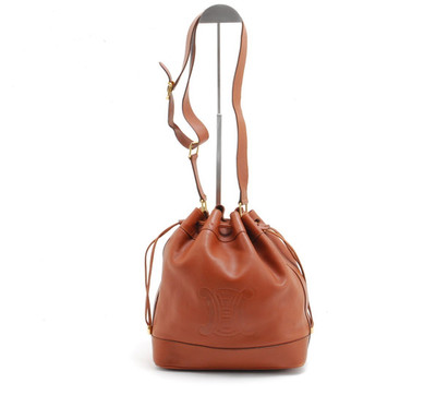 CELINE Large Logo Leather Drawstring Shoulder Bucket Bag Brown Italy Vintage