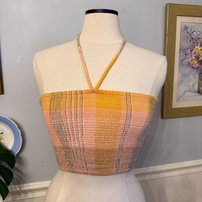 Universal Thread Tube Top Size Small Smocked Halter Tie Orange Plaid 70s Retro