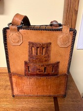 Exquisite hand-tooled unisex leather tote bag - one strap loop needs repair