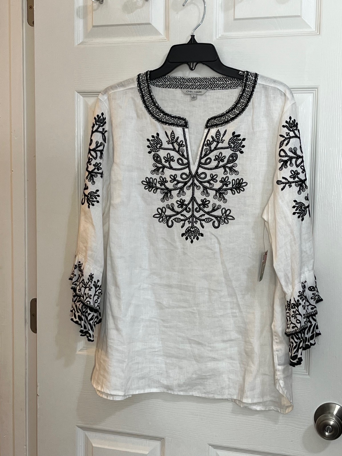 John Mark White Linen Tunic Top Black Embroidery Boho Long Sleeve Size L