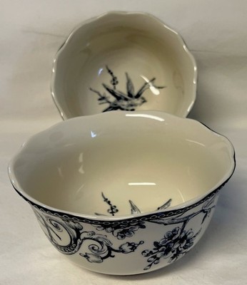 222 Fifth  Adelaide Blue  2 Floral & Bird Porcelain 6  Soup-Cereal Bowls NEW