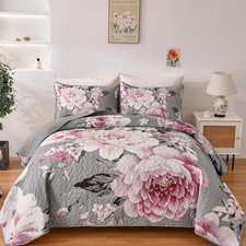Queen Floral Quilt Set Grey Pink Flower Reversible Microfiber Coverlet 3Pc Set