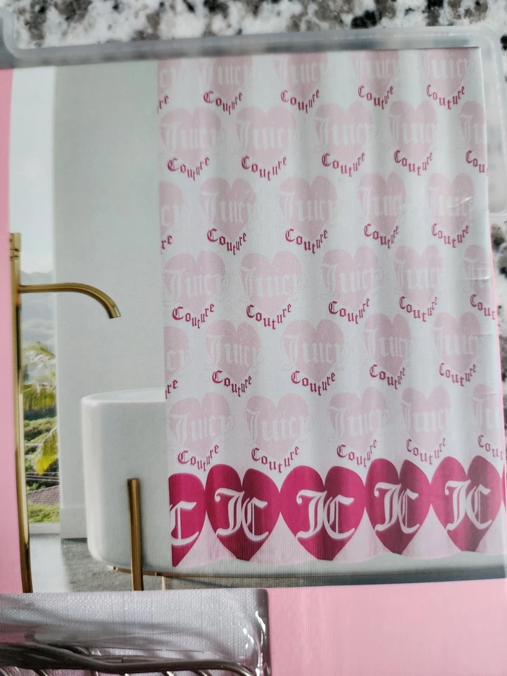 NUEVO CON ETIQUETAS JUICY COUTURE CORTINA DE DUCHA CON GANCHOS 70 X 72 LOGO CORAZONES BLANCO ROSA NUEVO Foto 2 de 4