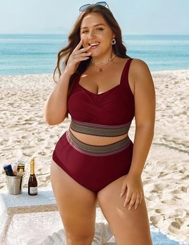 Womens Bikini Set Size UK18 Top High Waisted Control Brief Swimwear 2 Piece Red - Picture 2 of 5