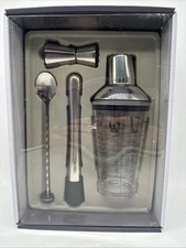 Maker's Silver One 4-Piece Cocktail Kit Bartender Jigger Paint Glass Recipies