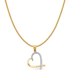 14K Two Tone Gold Slanted Heart Charm Pendant with 1.1mm Wheat Chain Necklace